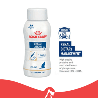 Royal Canin Renal Liquid is a veterinary-exclusive, nutritionally complete liquid diet formulated to support cats suffering from chronic kidney disease (CKD), acute renal conditions, or those experiencing reduced appetite and difficulty eating. Its smooth, ready-to-use consistency makes it ideal for syringe feeding or feeding tube administration in clinical or home care settings. This formula is highly digestible and energy-dense, ensuring that even small volumes deliver essential nutrients. With controlled phosphorus levels and a moderate, high-quality protein content, it helps reduce kidney workload while supporting muscle maintenance. Enriched with EPA and DHA (omega-3 fatty acids), it contributes to renal support and overall health. Key Benefits Renal Support Formulated with restricted phosphorus and adapted protein levels to help support kidney function in cats with renal conditions. High Energy Density Provides concentrated calories to help maintain body weight and condition, even when appetite is low. Easy Tube Feeding Smooth, homogeneous liquid texture designed specifically for syringe or feeding tube administration without clogging. Highly Digestible Formula Easily absorbed nutrients support digestive comfort and efficient nutrient uptake. Omega-3 Fatty Acids (EPA & DHA) Supports renal health and helps manage inflammation. Complete & Balanced Nutrition Provides all essential nutrients required for cats during recovery, illness, or assisted feeding. Nutritional Information (Approx.) Nutrient Amount Crude Protein ~7.0% Crude Fat ~5.5% Crude Fibre ~0.5% Moisture ~80% Energy ~1 kcal/ml Values may vary slightly by batch. Feeding Guide Feeding should be guided by a veterinarian based on your cat’s condition. Cat Weight Daily Amount (Approx.) 2 kg ~120 ml 3 kg ~180 ml 4 kg ~240 ml 5 kg ~300 ml Divide into multiple feedings throughout the day if required. Adjust based on medical condition, recovery stage, and veterinary advice. Usage Instructions Shake well before use Serve at room temperature Can be administered via feeding tube or oral syringe Use under veterinary supervision Suitable For Cats with chronic kidney disease (CKD) Cats with reduced appetite or anorexia Post-surgery or recovery support Hospitalized or critical care feeding Cats requiring assisted nutrition Storage & Handling Store unopened in a cool, dry place Once opened, refrigerate and use within 24 hours Shake well before each use Important Note This is a veterinary diet and should be used under professional guidance. Always consult your veterinarian before starting or adjusting feeding. Why It’s Trusted Royal Canin Renal Liquid is specifically developed for clinical nutrition, offering a reliable solution for maintaining nutrient intake, supporting kidney function, and helping cats recover with gentle, targeted care.