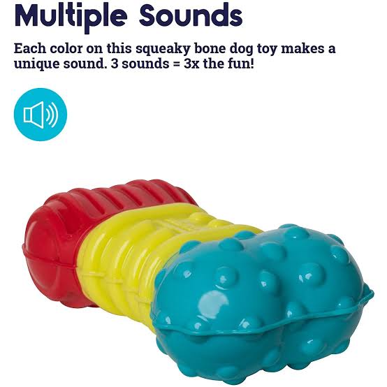 Petstages Multi-Squeak Bone | 3 Sounds for 3X the Fun 🐶🔊 Why settle for one squeak when your dog can have three different sounds? The Petstages Multi-Squeak Bone takes the classic squeaky dog toy and makes it even more engaging with three unique sounds inside one colourful bone. Each coloured section creates its own sound, giving curious dogs something new to discover as they bite and play with different parts of the toy. Add in a variety of raised textures and an easy-to-grab bone shape, and you've got a toy designed for chewing, carrying, tossing, and plenty of noisy fun. Key Features & Benefits 🔊 3 Unique Sounds Three different sounds inside the toy create more variety and help maintain your dog's interest during play. 🌈 Each Colour Makes a Different Sound The red, yellow, and blue sections each offer their own sound response, encouraging dogs to explore different parts of the toy. 🦷 Fun Textures Help Clean Teeth Raised and grooved surfaces provide an interesting chewing sensation while helping mechanically clean the teeth as your dog chews. 🐾 Encourages Natural Play The combination of sound, texture, and shape encourages chewing, grabbing, carrying, and other instinctive play behaviours. 🧠 Keeps Play Interesting Multiple sounds provide additional sensory stimulation compared with a conventional single-squeaker toy. 🎾 Great for Interactive Play Its chunky bone shape works well for tossing, fetching, and engaging your dog in play together. Three Sounds in One Toy Dogs are naturally attracted to toys that respond when they bite or interact with them. Instead of relying on a single repetitive squeak, the Multi-Squeak Bone gives your dog three different sound experiences. This added variety can make every section of the toy feel a little different and encourage your dog to keep exploring. Textured for More Satisfying Chewing The Multi-Squeak Bone isn't completely smooth. Each section incorporates different ridges, grooves, and raised textures, giving your dog varied surfaces to explore with their mouth. These textures also provide gentle mechanical action against the teeth while chewing, helping support everyday dental cleaning as part of a broader oral-care routine. Product Specifications Specification Details Product Type Interactive Squeaky Dog Toy Brand Petstages Product Multi-Squeak Bone Shape Bone Number of Sounds 3 Sound Feature Each Colour Makes a Unique Sound Surface Multi-Textured Dental Feature Textures Help Clean Teeth Colour Red, Yellow & Blue Suitable For Dogs Play Style Chewing, Fetching & Interactive Play Ideal For ✔ Dogs that love squeaky toys ✔ Dogs that quickly lose interest in ordinary toys ✔ Chewing and mouthing play ✔ Interactive games with their owners ✔ Tossing and fetching ✔ Everyday mental stimulation ✔ Adding variety to your dog's toy collection Ways to Play 🐶 Let Them Discover the Sounds – Allow your dog to explore each coloured section and discover how the sounds differ. 🎾 Toss & Fetch – Use the bone for supervised indoor or outdoor fetching games where appropriate. 🔊 Get Their Attention – Activate one of the sounds before tossing the toy to make play more exciting. 🐾 Independent Play – Give your dog supervised time to investigate the different textures and sounds at their own pace. Dental Care During Play 🦷 The textured surfaces can help provide mechanical cleaning action while your dog chews, but the Multi-Squeak Bone should not replace regular dental care. Routine tooth brushing with dog-safe toothpaste and appropriate veterinary dental checks remain important for maintaining good oral health. Safe Play & Care 🐾 Always supervise your dog during play. 🔍 Inspect the toy regularly for cracks, loose pieces, or significant damage. 🗑️ Remove and replace the toy if parts become detached or it becomes damaged enough to create a swallowing hazard. 📏 Make sure the toy is appropriately sized for your dog. 🧼 Clean according to the manufacturer's care instructions. Like all dog toys, the Multi-Squeak Bone is not indestructible and should be selected according to your dog's individual chewing style. Three Sounds. One Bone. Plenty of Fun. 🐶🎵 With three unique sounds, colourful sections, and engaging textures, the Petstages Multi-Squeak Bone Dog Toy gives dogs more to discover every time they pick it up. Whether they're chewing, carrying, fetching, or figuring out which section makes their favourite sound, it's a playful way to bring extra sensory stimulation into their day.